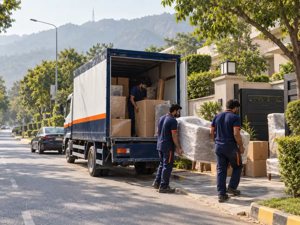 Movers loading a truck in Islamabad with the Margalla Hills behind