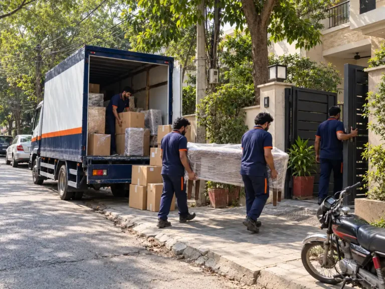Movers unloading furniture and boxes at a new home