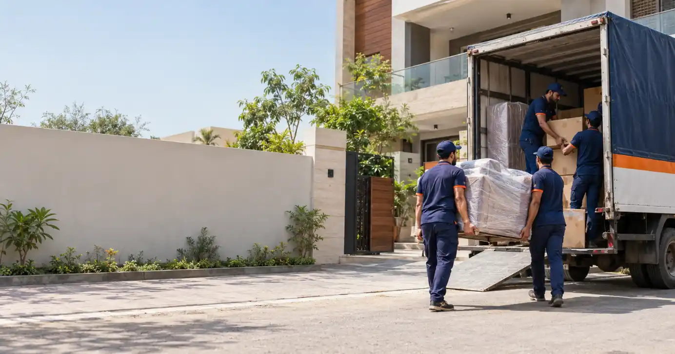 Movers loading a box truck during a residential house move