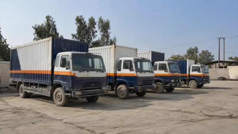 Covered container trucks lined up for house shifting
