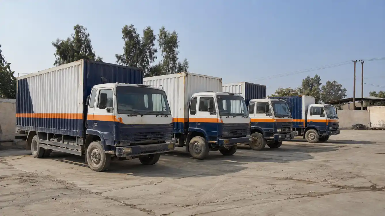 Covered container trucks lined up for house shifting