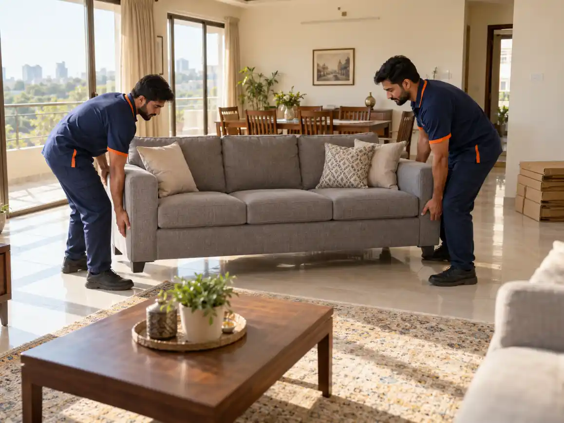 Movers placing a sofa in a new home after shifting