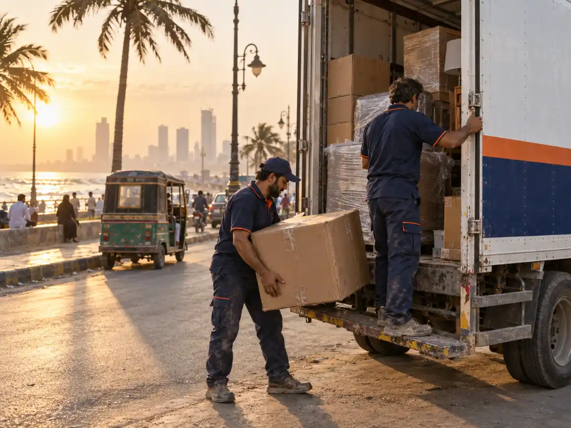 Movers loading boxes into a truck during a house move in Karachi