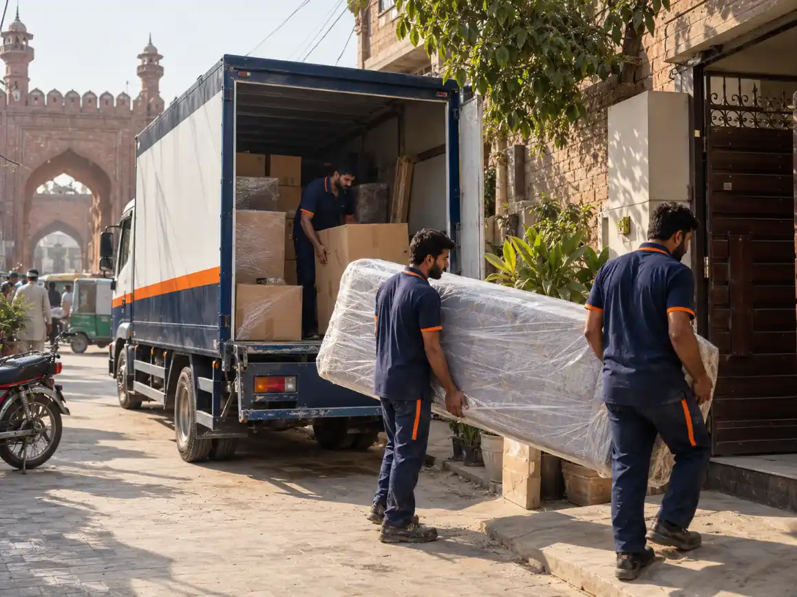 Movers carrying a wrapped mattress during a house move in Lahore