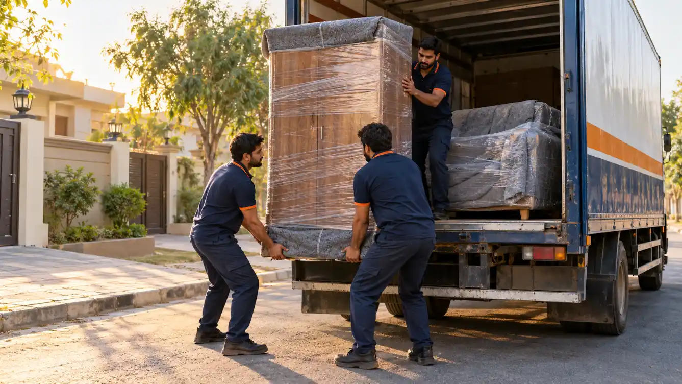 Movers loading wrapped furniture into a covered truck