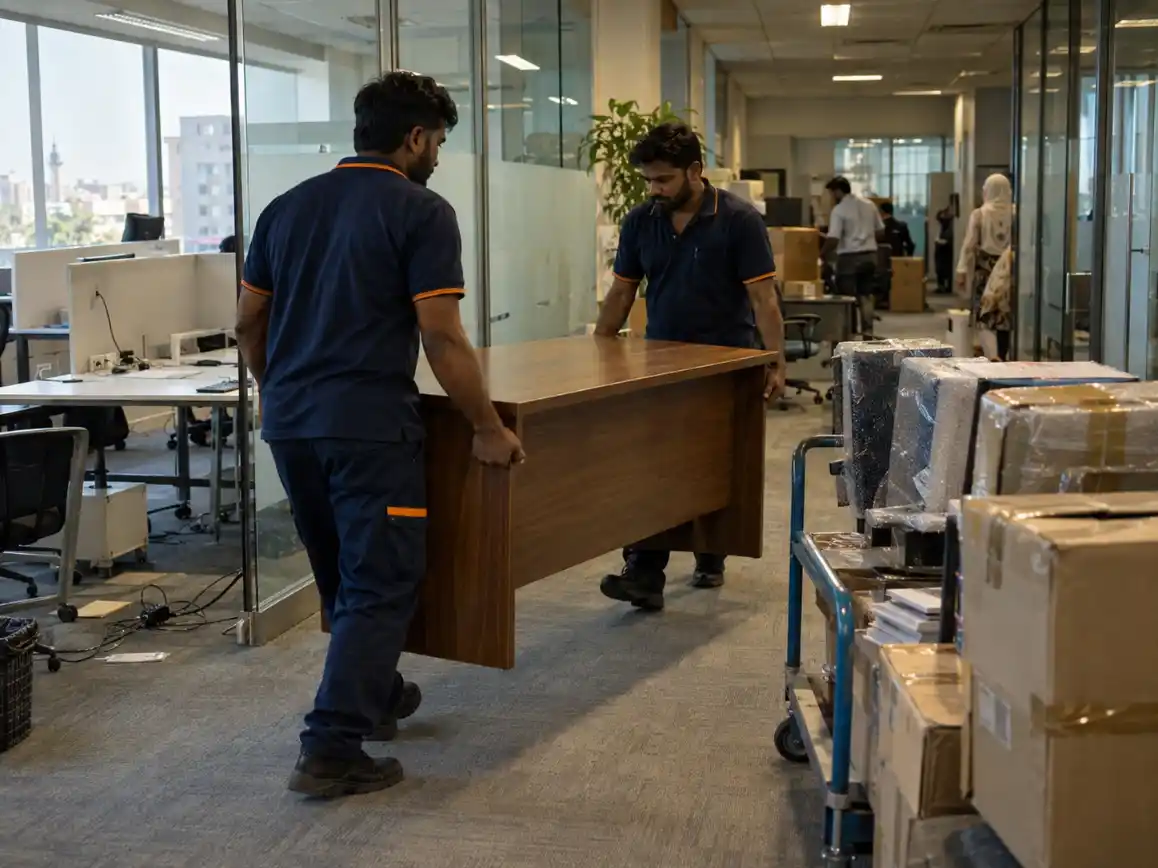 Movers carrying an office desk during an office relocation