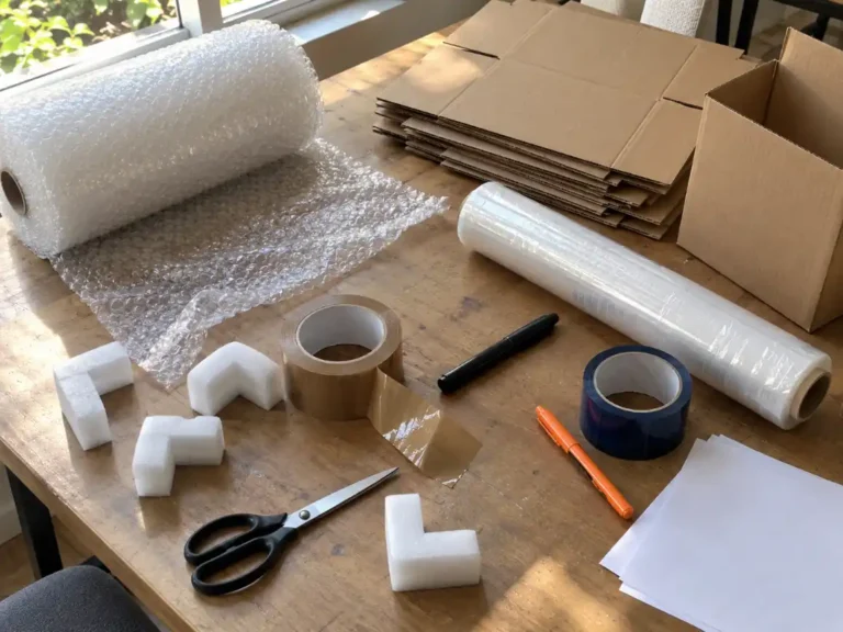 Packing materials: bubble wrap, cartons, stretch film, tape and corner guards