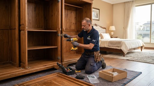 Carpenter dismantling a wardrobe before a house move